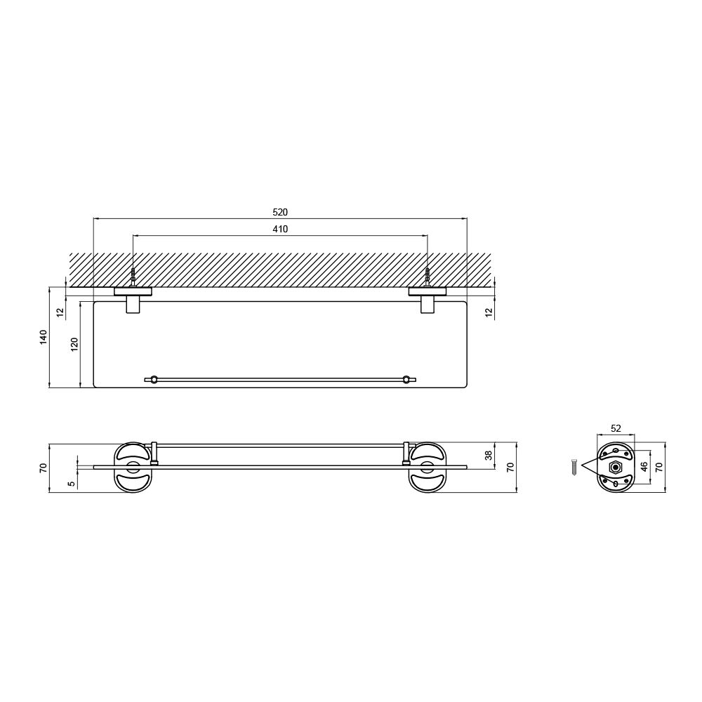 Поличка універ OREO 0901 (114 09 01) скляна квад (520mm) LIDZ