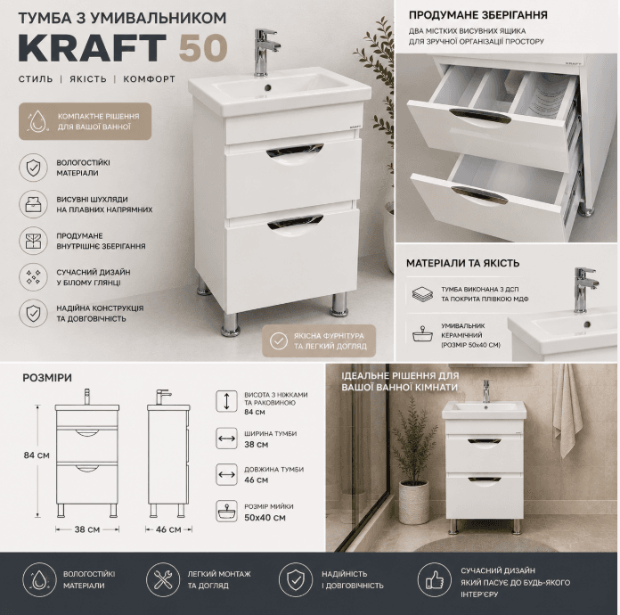 Тумба підлогова Т-40 Венеція з умивал COMO 50 Біла KRAFT
