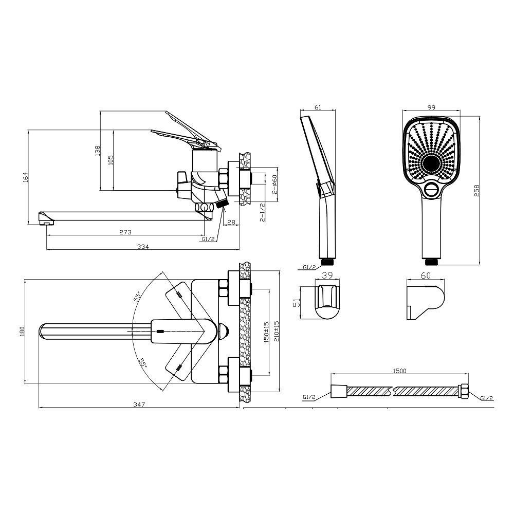 Змішувач для ванни Vlasta QTVLA260GMB45645 PVD Black QTAP
